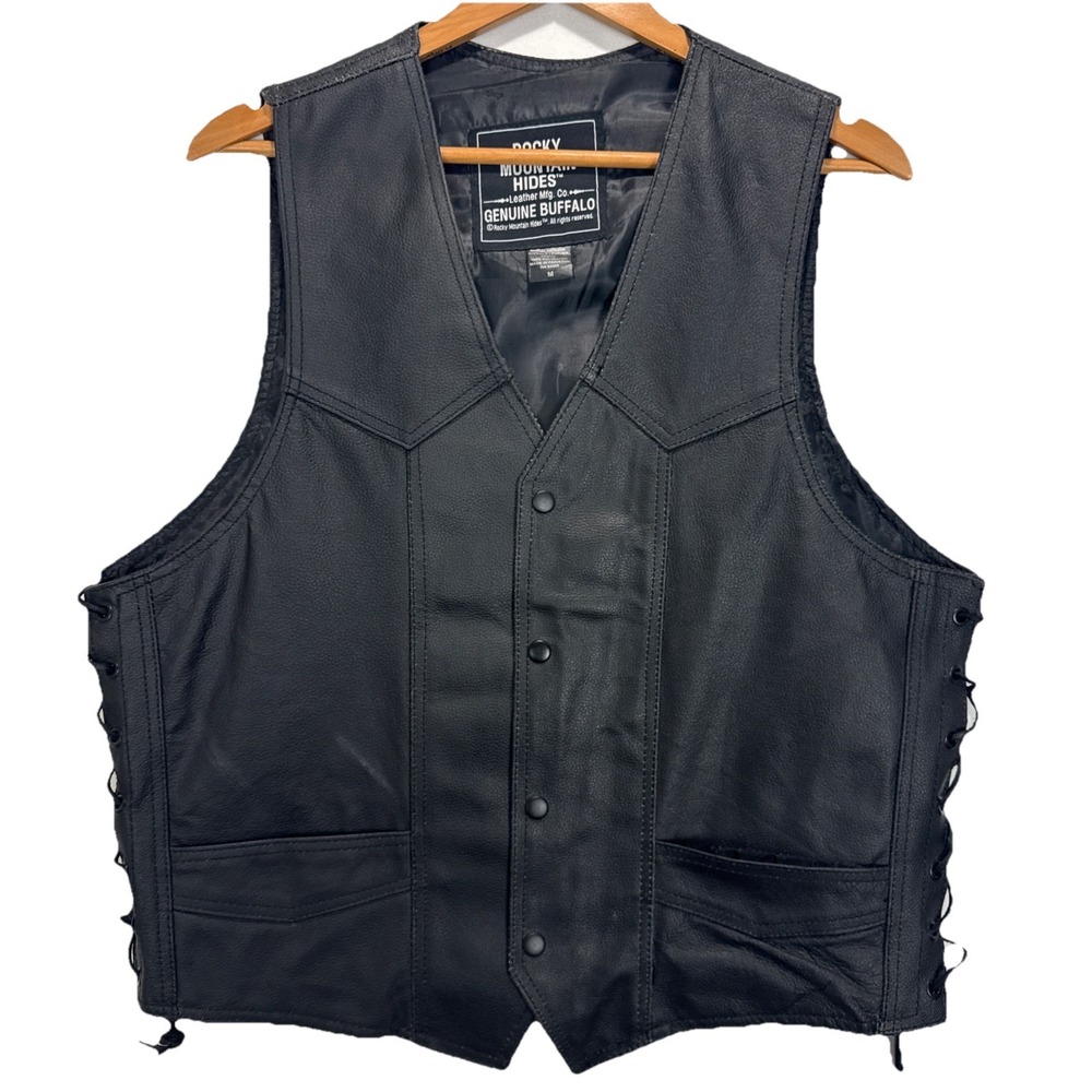 Rocky Mountain Hides Genuine Buffalo Leather Biker Vest Men M Black Side Lace Up